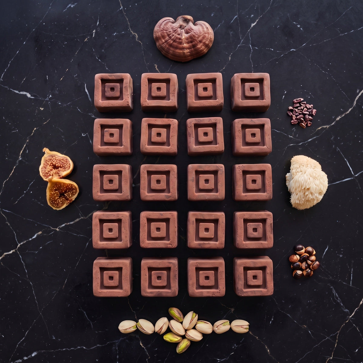 Veinte bites de chocolate negro de Oribo en cinco filas sobre mármol negro, vistos desde arriba, con reishi, higos, melena de león, pistachos y nibs de cacao alrededor