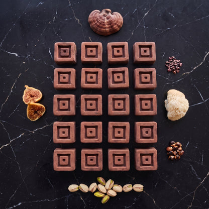 Veinte bites de chocolate negro de Oribo en cinco filas sobre mármol negro, vistos desde arriba, con reishi, higos, melena de león, pistachos y nibs de cacao alrededor