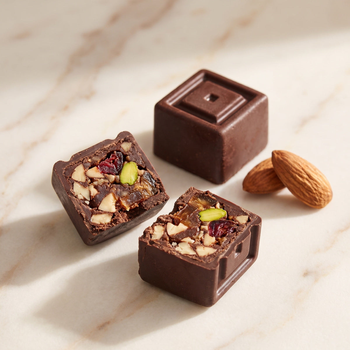 Bite de Oribo partido por la mitad: almendra, dátil, pistacho y arándano bajo el chocolate negro