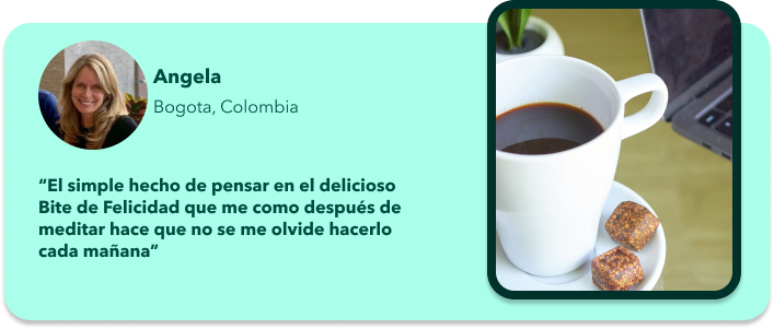 Testimonio de Ángela, 50 años, sobre cómo el Bite de Felicidad de Oribo complementa su rutina de meditación y café.