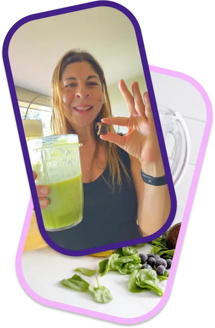 Orietta, fundadora de Oribo, con un smoothie verde y un Bite, mostrando la evolución de smoothies a snacks saludables.