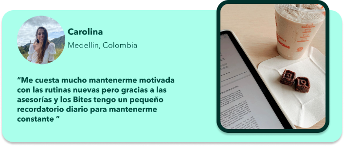Testimonio de Carolina, 43 años, sobre cómo los Bites de Oribo la ayudan a mantenerse motivada y constante en sus rutinas.