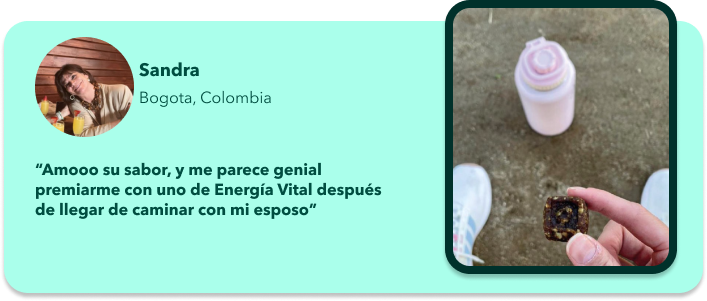 Testimonio de Sandra, 67 años, sobre cómo el Bite de Energía Vital de Oribo la ayuda después de caminar con su esposo.