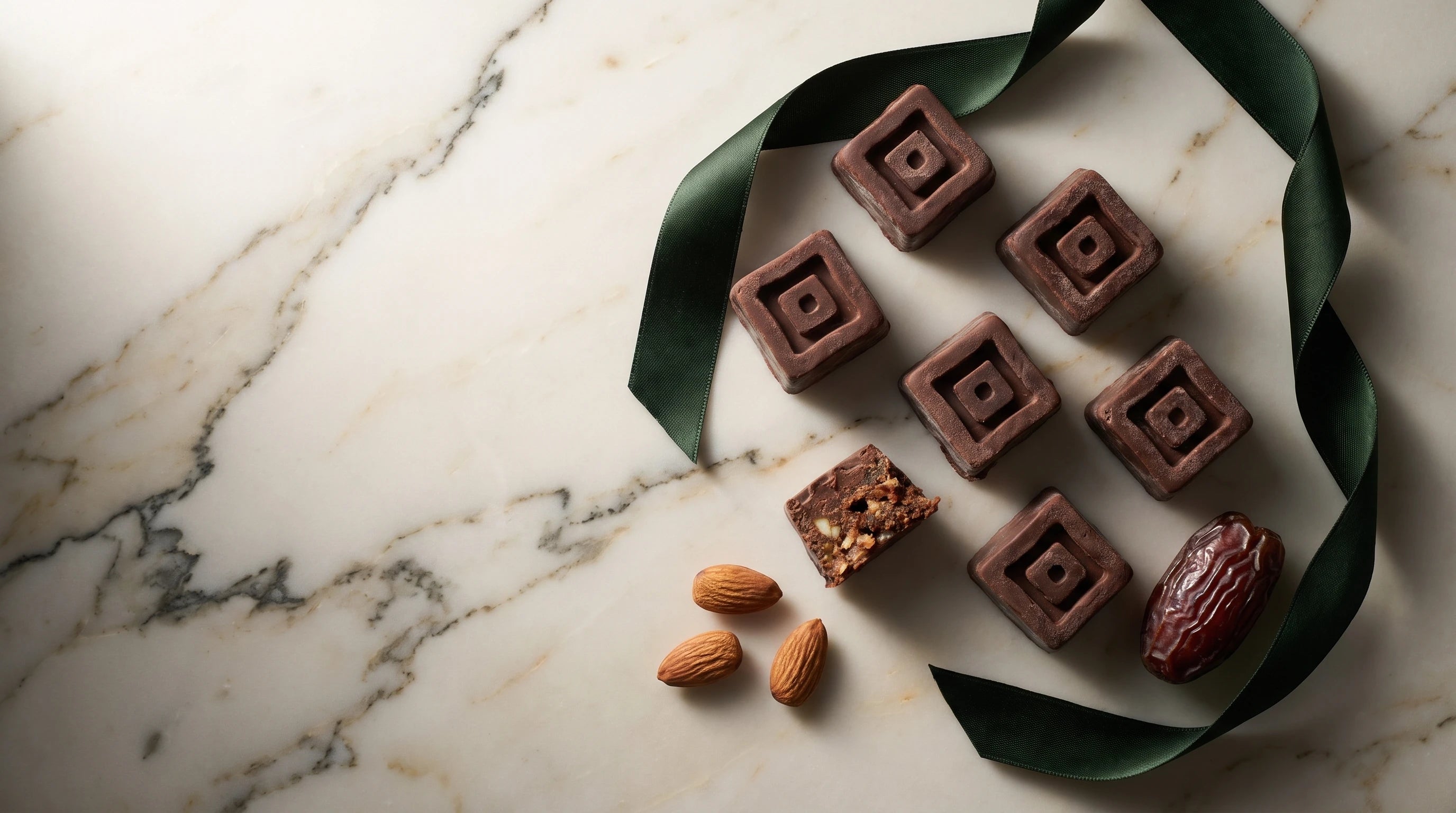 Bites Oribo de chocolate negro sobre mármol claro